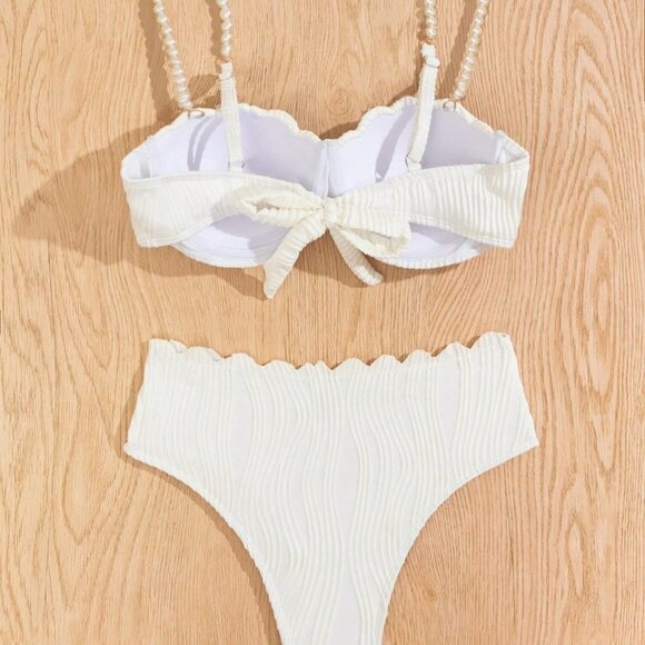 White Women's Beach Vacation Textured Faux Pearl Shoulder Strap Bikini Set - Picture 5 of 6